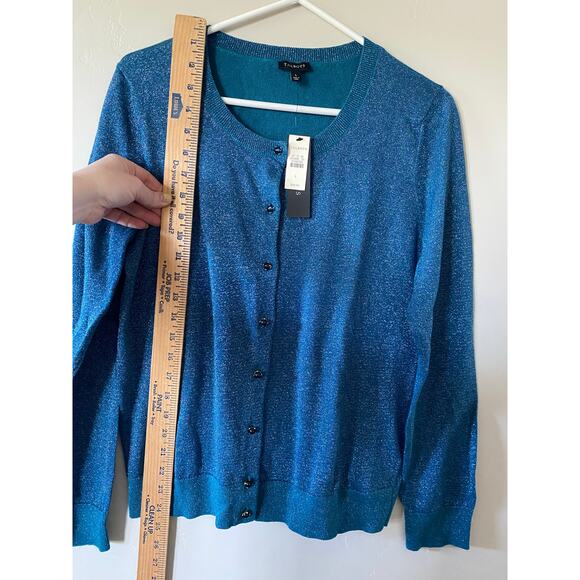 NWT Talbots Blue Glitter Metallic Jeweled Buttons Button Up Cardigan- Size Large - Picture 5 of 7
